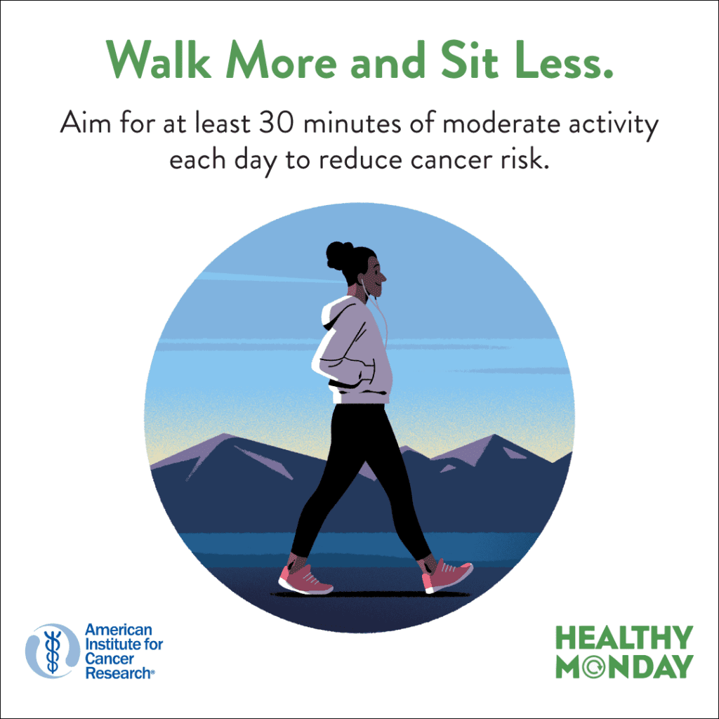 Walk More and Sit Less. Aim for 30 minutes of moderate activity each day to reduce cancer risk.