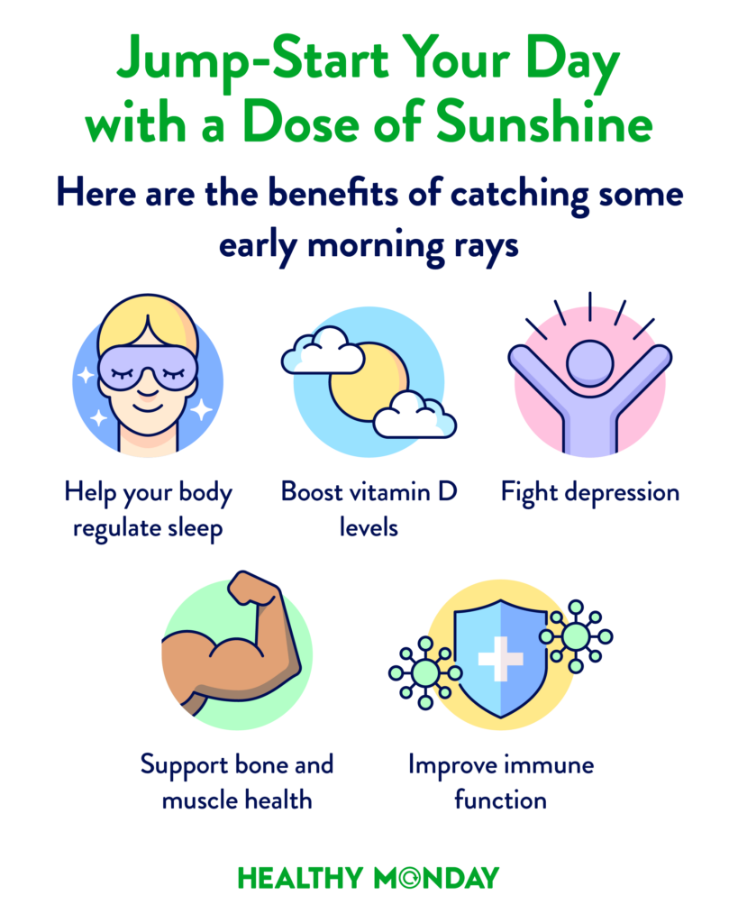 An image of 5 icons showing benefits of morning sunshine.