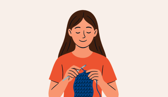 Illustration of a woman with long brown hair crocheting with blue yarn.
