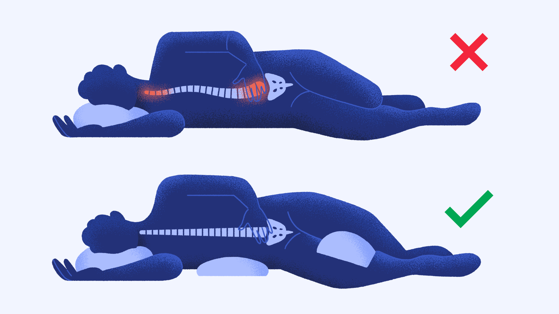 Sleep posture tips to reduce back pain. Graphic shows correct pillow placement for side sleeping to keep the spine aligned and improve sleep quality.