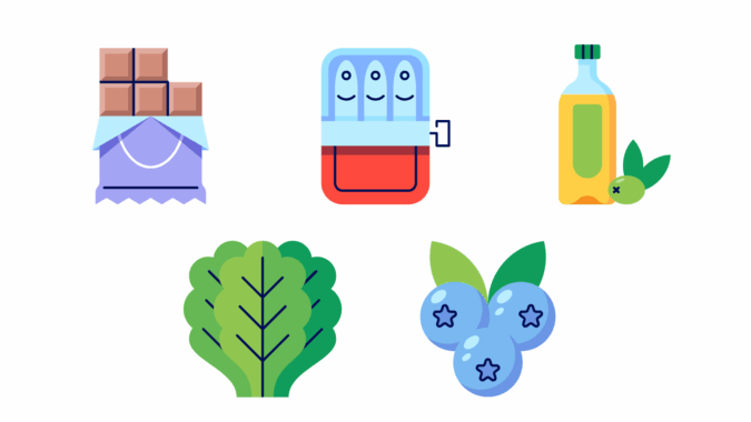 Foods for brain health: dark chocolate, fatty fish, olive oil, leafy vegetables, and blueberries.
