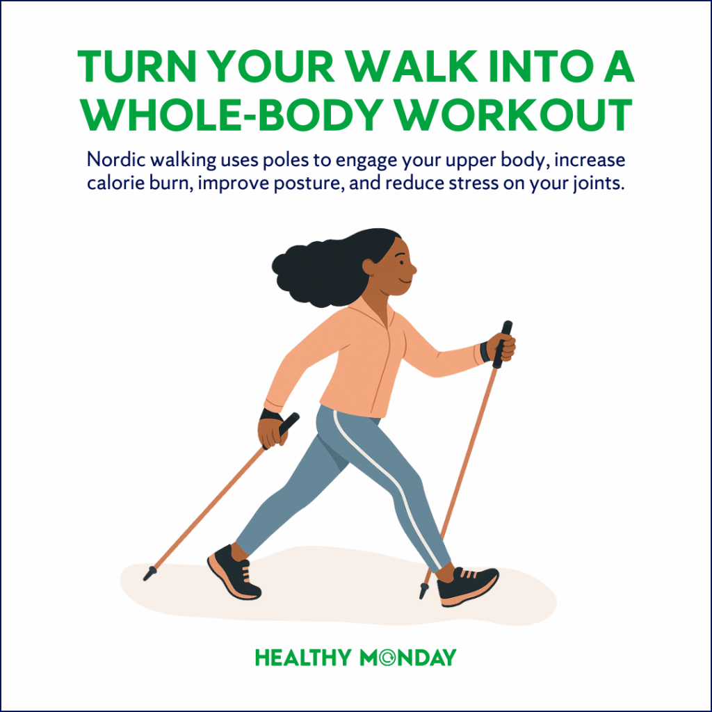 Illustration of a woman Nordic walking with poles, demonstrating proper technique including looking forward, taking slightly longer strides, using angled poles with wrist straps, and engaging the whole body for a full workout.
