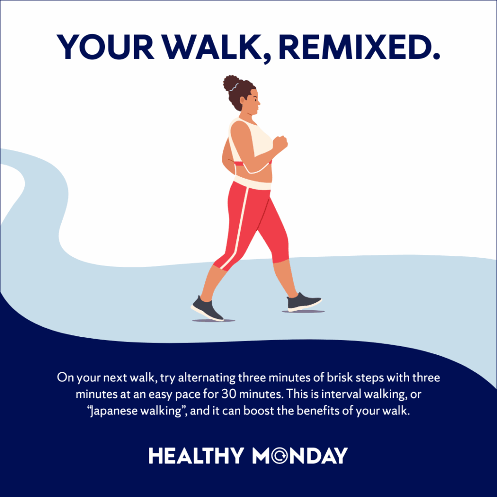 Illustration of a woman walking briskly on a colorful path with the text “Your Walk, Remixed.” promoting Japanese or interval walking, a method of alternating brisk and easy walking for 30 minutes.