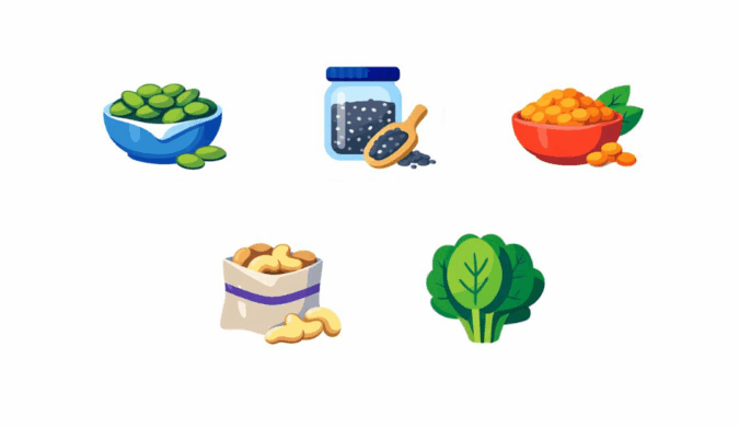 Graphic featuring pumpkin seeds, chia seeds, lentils, cashews, and spinach.