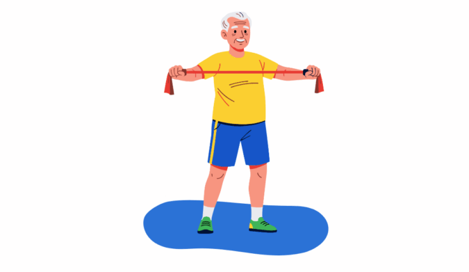 Illustration of an older adult standing on a mat and stretching a resistance band at chest height.