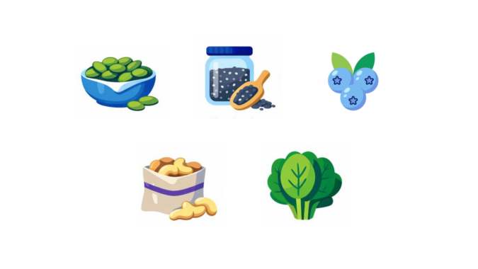 An illustration of beans, seeds, blueberries, nuts, and leafy greens.