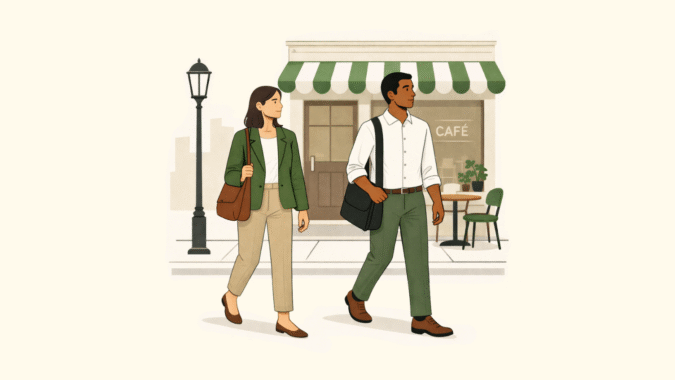 Illustration of two coworkers walking side by side on a sidewalk in front of a café, representing a short post-meal walk and everyday movement.