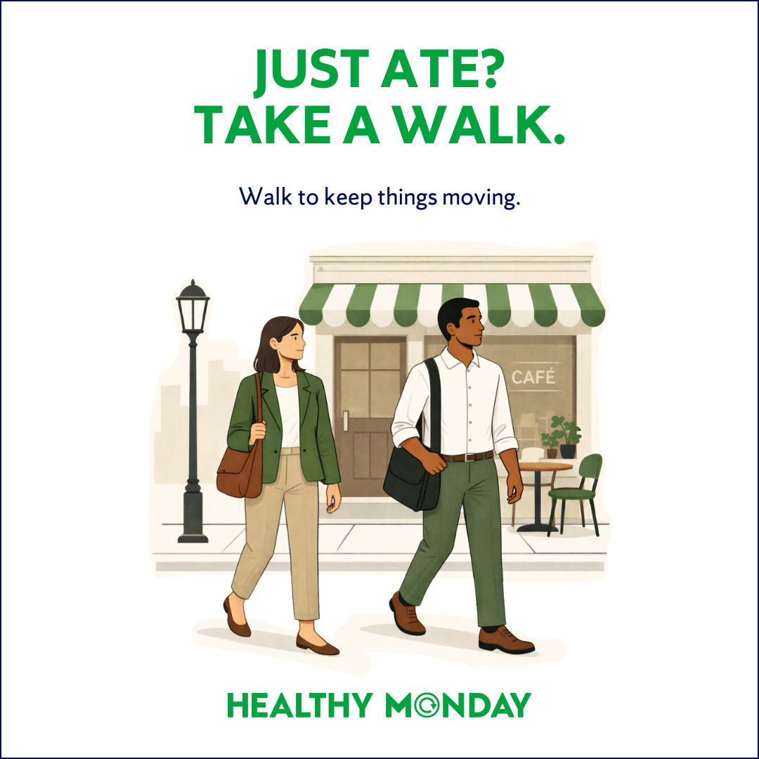 Illustration of two coworkers walking past a café after a meal with the headline “Just Ate? Take a Walk.” and subtext “Walk to keep things moving.” in Healthy Monday branding.