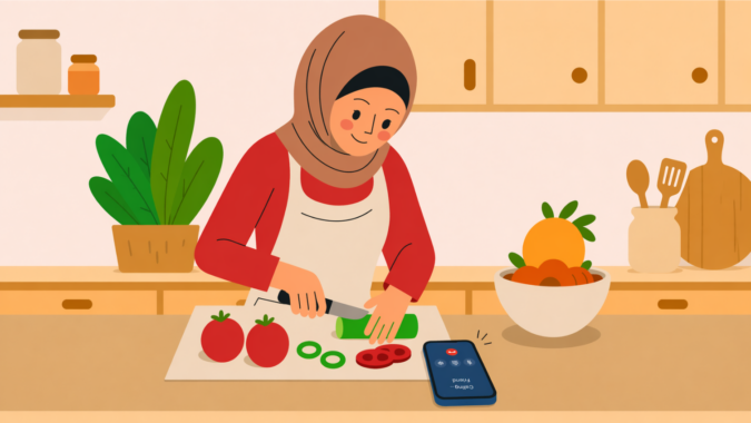 Woman cooking and talking on a phone on the counter during a quick catch-up call.