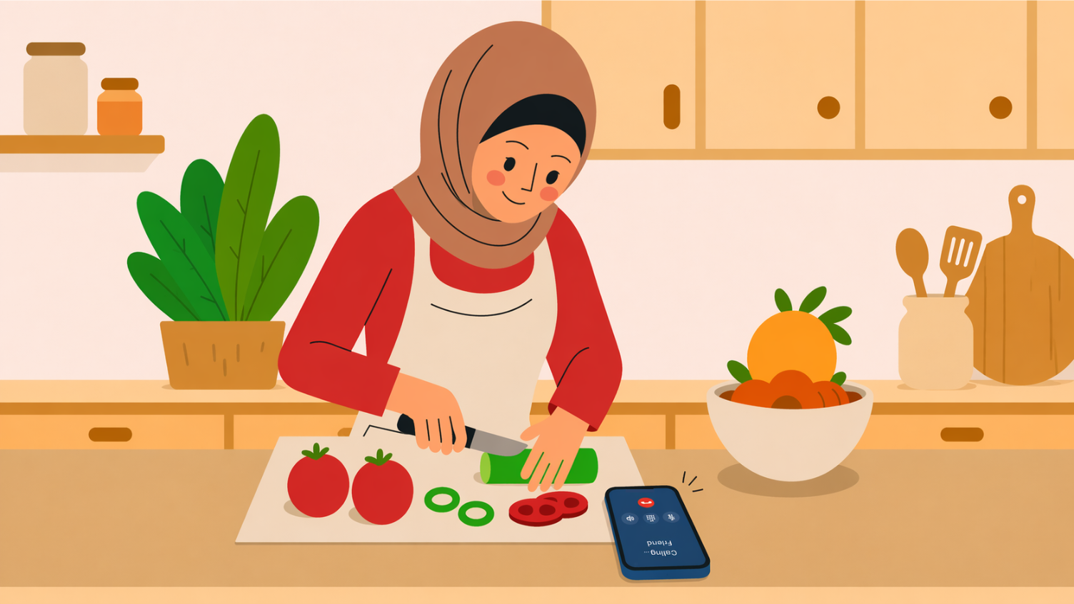 Woman cooking and talking on a phone on the counter during a quick catch-up call.