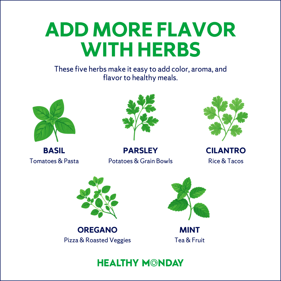 Infographic showing five easy herbs to cook with: basil (tomatoes and pasta), parsley (potatoes and grain bowls), cilantro (rice and tacos), oregano (pizza and roasted vegetables), and mint (tea and fruit). The graphic encourages adding herbs to bring more flavor to healthy meals.